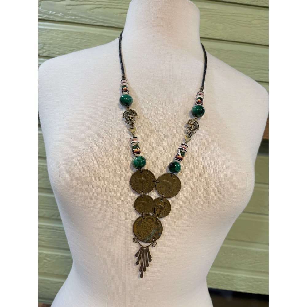 Vintage Peruvian Un Sol De Oro Coin Necklace Incan Brass Ceramic Beads Green